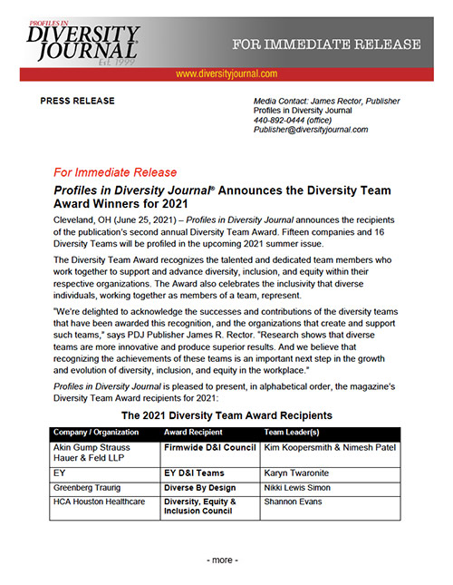 Press Release Profiles in Diversity Journal Announces the Diversity Team Award Winners for 2021