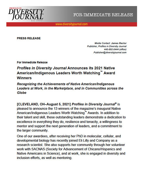 Press Release Profiles in Diversity Journal Announces its 2021 Native American/Indigenous Leaders Worth Watching Award Winners