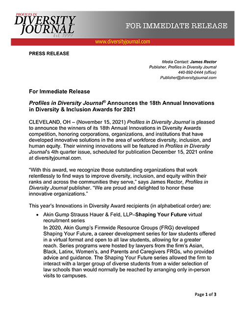 Press Release Profiles in Diversity Journal Announces the 18th Annual Innovations in Diversity & Inclusion Awards for 2021