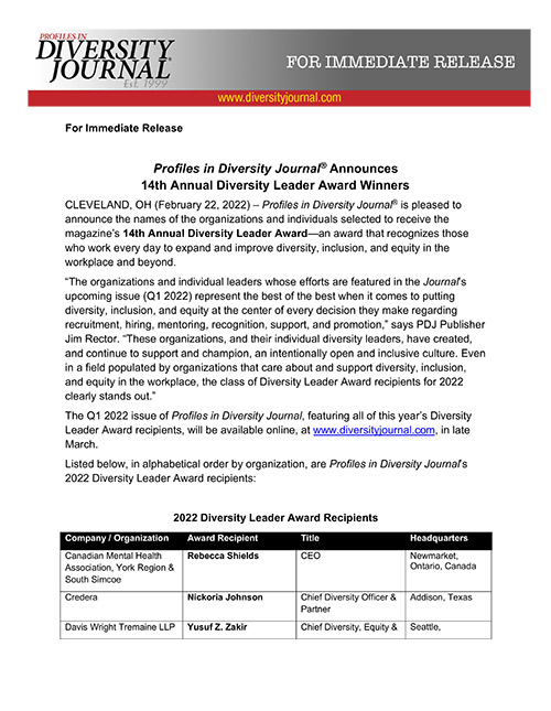 Press Release Profiles in Diversity Journal Announces 14th Annual Diversity Leader Award Winners