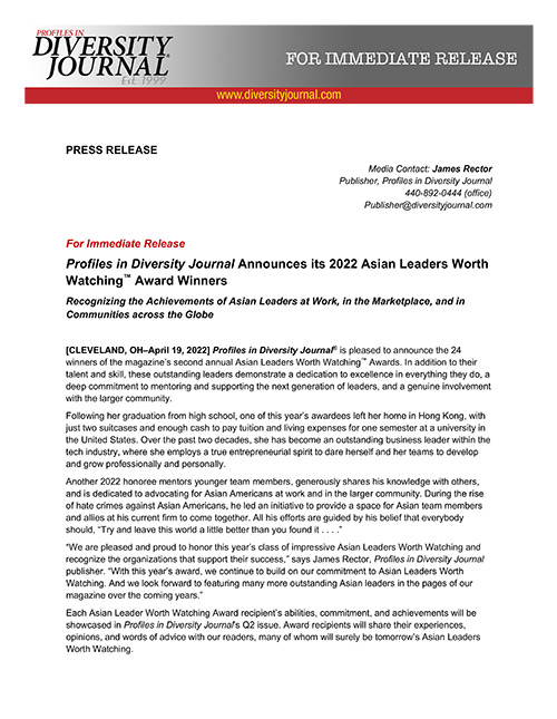 Press Release Profiles in Diversity Journal Announces its 2022 Asian Leaders Worth Watching Award Winners