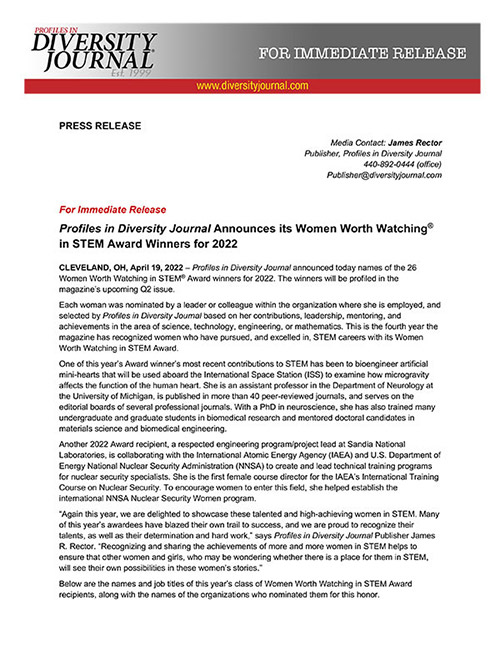 Press Release Profiles in Diversity Journal Announces its Women Worth Watching in STEM Award Winners for 2022