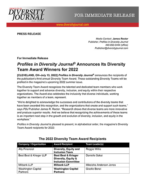 Press Release Profiles in Diversity Journal Announces Its Diversity Team Award Winners for 2022