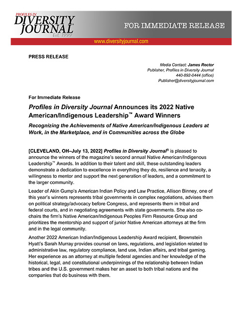 Press Release Profiles in Diversity Journal Announces its 2022 Native American/Indigenous Leadership Award Winners