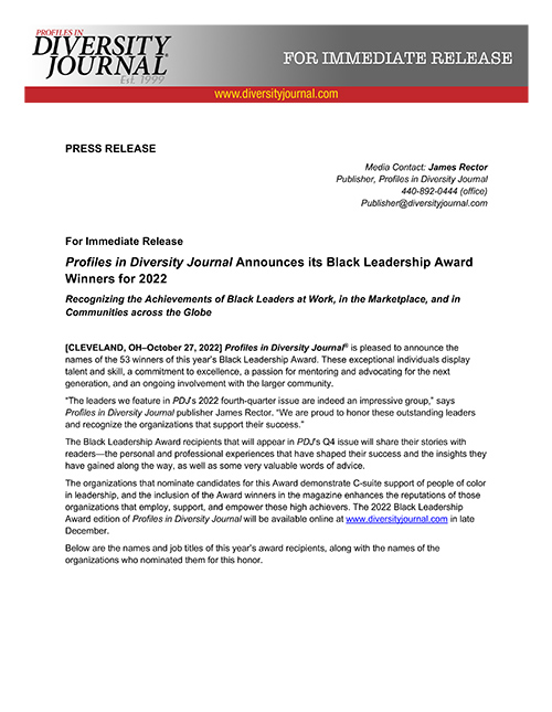 Press Release Profiles in Diversity Journal Announces its Black Leadership Award Winners for 2022