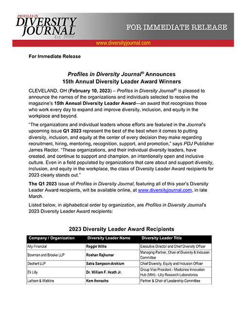 Press Release Profiles in Diversity Journal Announces 15th Annual Diversity Leader Award Winners