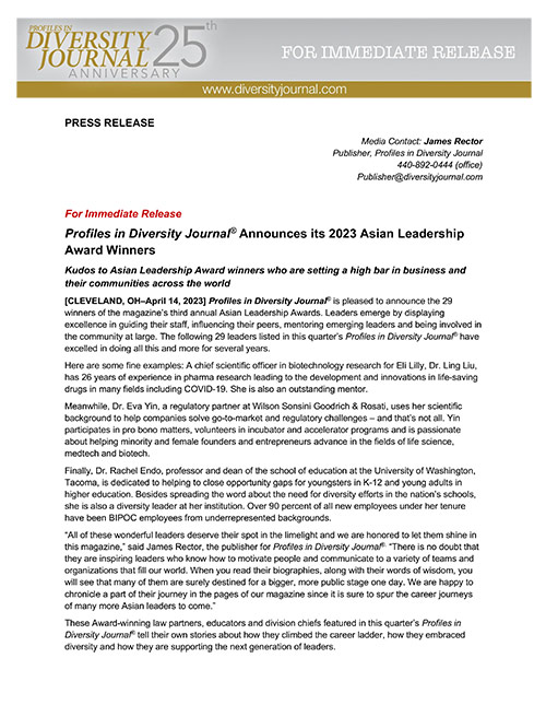 Press Release Profiles in Diversity Journal Announces its 2023 Asian Leadership Award Winners