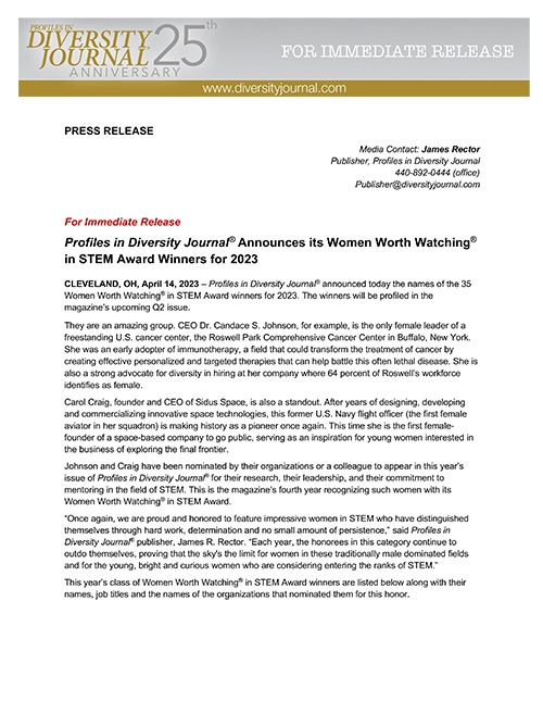 Press Release Profiles in Diversity Journal Announces its Women Worth Watching in STEM Award Winners for 2023