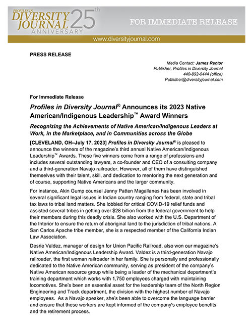 Press Release Profiles in Diversity Journal Announces its 2023 Native American/Indigenous Leadership Award Winners