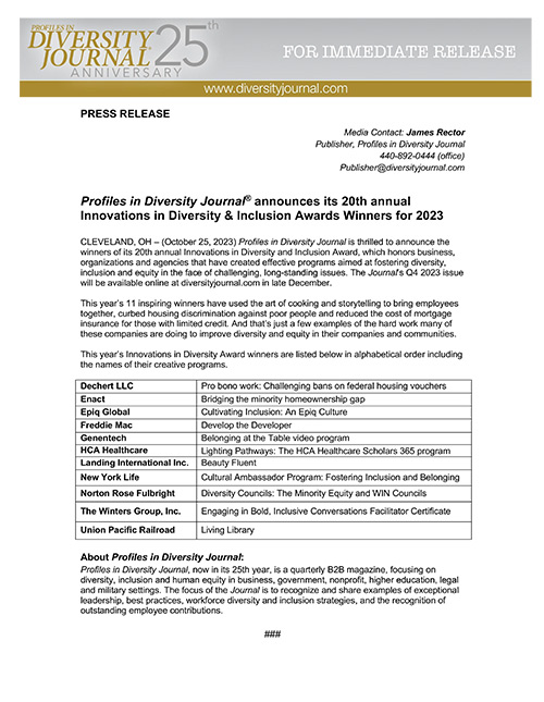 Press Release Profiles in Diversity Journal announces its 20th annual Innovations in Diversity & Inclusion Awards Winners for 2023