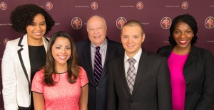 FOX Ailes Apprenticeship Graduates for 2014 include (l/r) Breana Jones, Megan Grogan, Felipe Tognarell and Shavon White.  The program was started by CEO and Chairman Roger Ailes (center) in 2003.