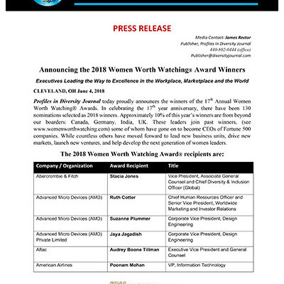 2018 Women Worth Watching Leadership Award Winners Press Release