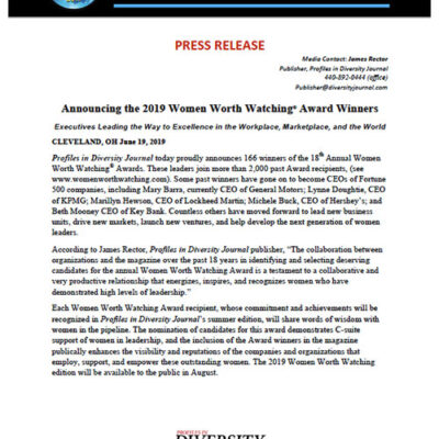2019 Women Worth Watching Leadership Award Winners Press Release