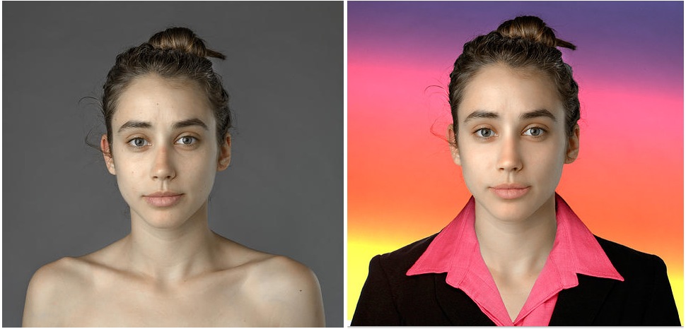 Journalist Esther Honig "before," and after photo manipulation by an artist in the Philippines to make her beautiful.
