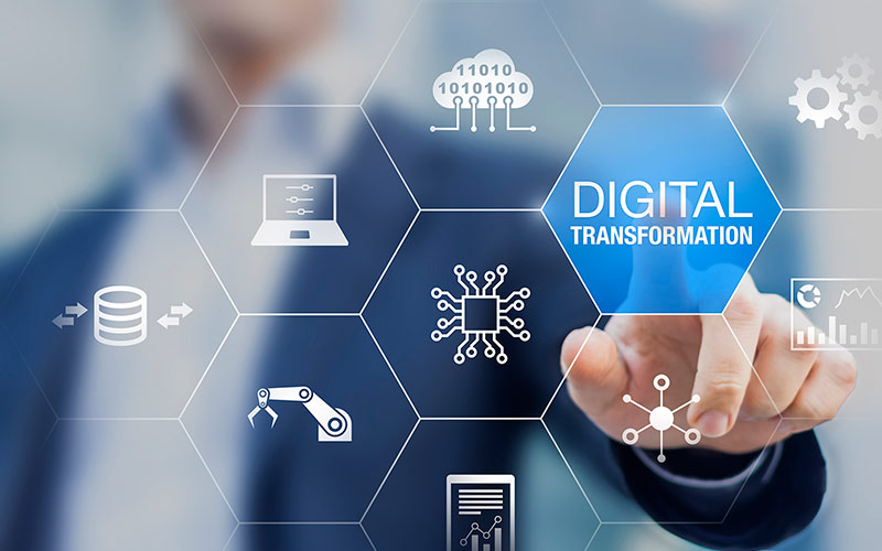 Digital transformation technology strategy, digitization and digitalization of business processes and data, optimize and automate operations, customer service management, internet and cloud computing