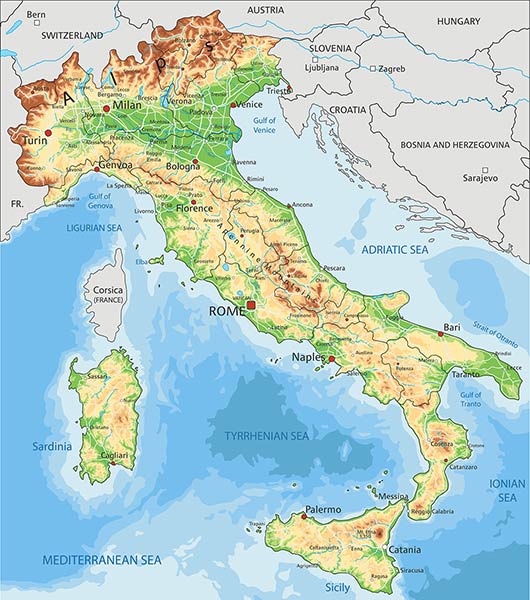 High detailed Italy physical map with labeling